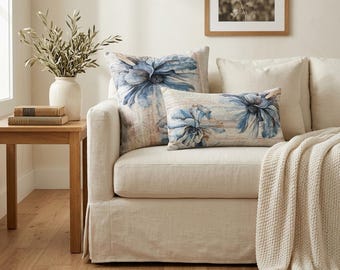 Blue Floral Botanical Pillow Cover | Soft Watercolor Sofa Cushion | Modern Living Room Accent