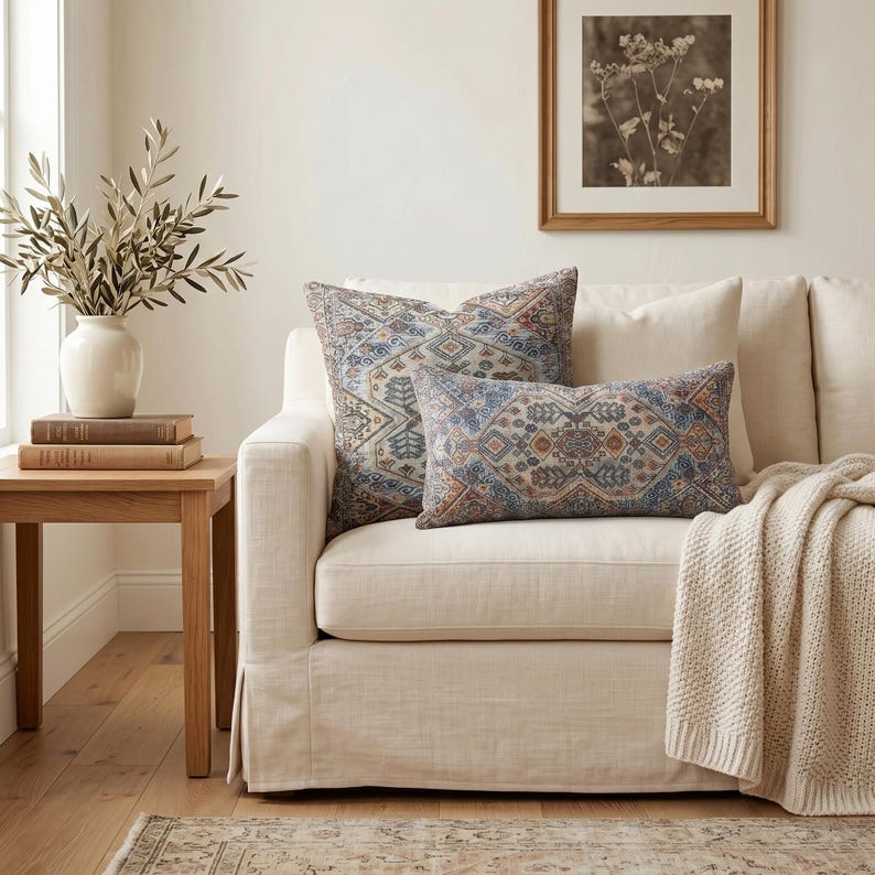 Geometric Pillow Cover | Boho Kilim Style Cushion | Blue Turkish Accent