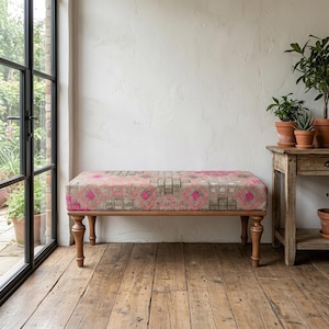 Vibrant Pink Handwoven Rug Bench | Antique Rustic Geometric Wood Seat 12x36" VT 03