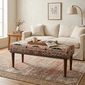 Kilim Rug Bench, Ottoman Upholstered Bench, Handmade Furniture, Footstool Bench, Aztec Bench, Farmhouse Decor, Entry Bench 18x18x48 BENCH 38
