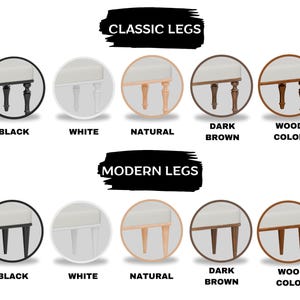 a color palette for classic legs, with each color represented by a circle and the corresponding description. The colors are black, white, natural, dark brown, wood color, and brown.