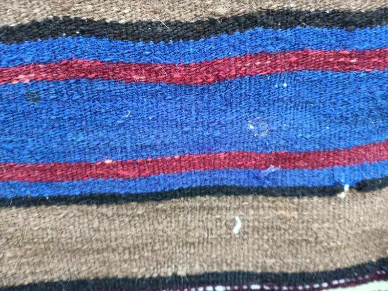 May include: Close-up of a woven fabric with alternating stripes of brown, black, blue, and red.