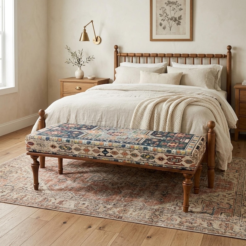 a cozy and inviting bedroom with a large bed, a wooden headboard, and a colorful patterned bench. The room has a warm and rustic atmosphere, with a wooden floor and a large rug on the floor. There is a window that allows natural light to enter the space, and a painting on the wall.