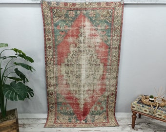 turkish rug, vintage rug, oushak rug, area rug, eclectic rug, anatolian rug, worn rug, faded rug, pink rug, boho rug, 4.2 x 7.2 ft, VT 2546