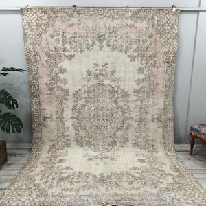 organic wool rug, botanic rug, coastal rug, low pile rug, dining room rug, sustainable rug, vintage turkish rug, 71x10.2 ft,