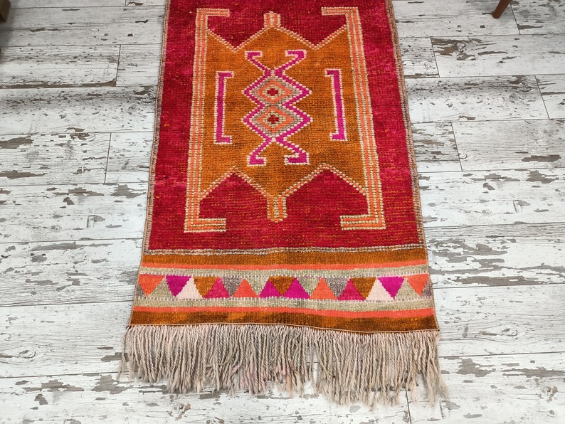 pink oushak rug, rug with fringes, pastel decor rug, eco friendly rug, soft pile rug, turkish vintage rug, soft runner, 3 x 11.5 ft, VT 4597 image 8