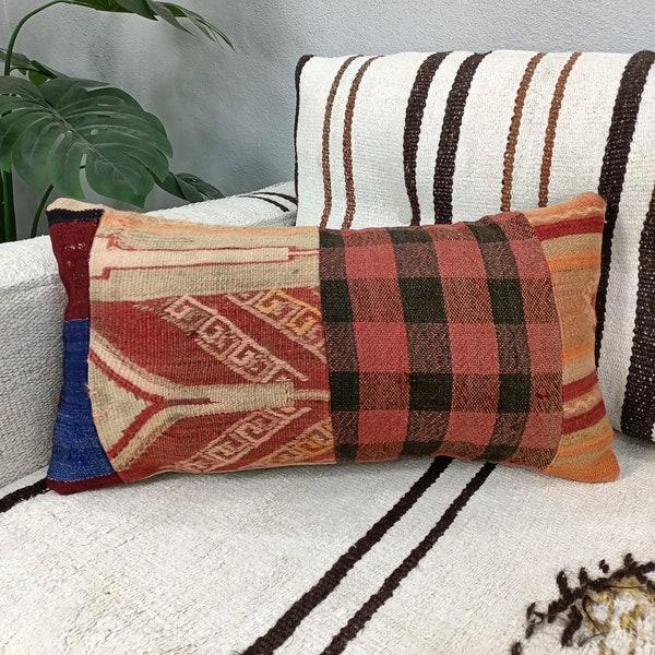 bohemian pillow, lumberjack pillow, ethnic pillow cover, patchwork pillow, 12x24 pillow case, woven cushion, lumbar pillow, 12-24VT 318