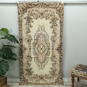 bohemian oushak rug, blossom rug, organic wool rug, vintage area rug, eclectic rug, mudroom rug, turkish rug, old rug, 3.7 x 7 ft, VT 3002