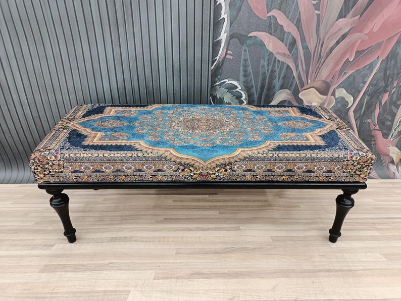 bedroom ottoman bench, wood bench, boho chair, dining table bench, footstool bench, turkish rug bench, upholstered bench, Bench 867