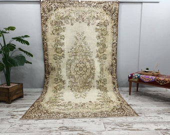 beige green rug, entry rug, large rug, vintage rug, natural rug, living room rug, handmade rug, floor rug, turkish rug, 5.6 x 10.1 ft VT5029