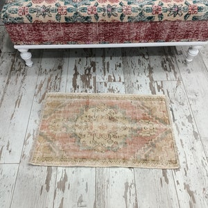 May include: A small, rectangular rug with a faded floral pattern in shades of pink, green, and beige. The rug is on a whitewashed wood floor.