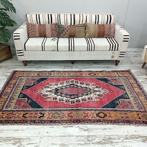 Handmade rug, Turkish rug, Anatolian area rug, Wool rug, Geometric rug, Vintage rustic rug, Nomadic rug, Organic rug, 4.1 x 7.3 ft, VT 2318 image 1