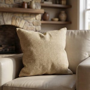 Könnte beinhalten: Ein quadratisches, beiges Zierkissen mit einem strukturierten, gewebten Stoff. Das Kissen liegt auf einem hellfarbigen Ledersofa, mit einem neutral getönten Hintergrund mit Kamin und Regalen.