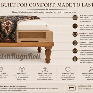 The image is a detailed description of a Turkish Rug Roll, highlighting its features and benefits. It includes text and images to provide a comprehensive understanding of the product.