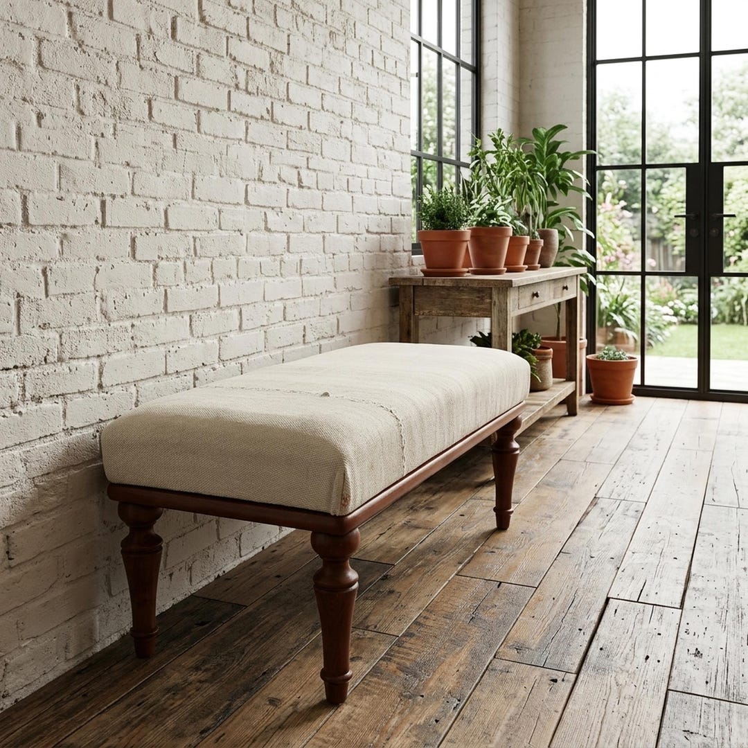 Minimalistische Neutrale Kelim-Bank | Modernes Ankleidezimmer Möbel 18x18x36 VT 684