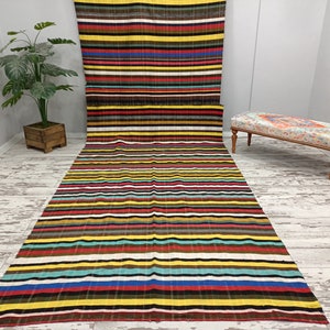 May include: A colorful striped rug with a variety of colors, including red, yellow, blue, and green. The rug is laid out on a white wooden floor.