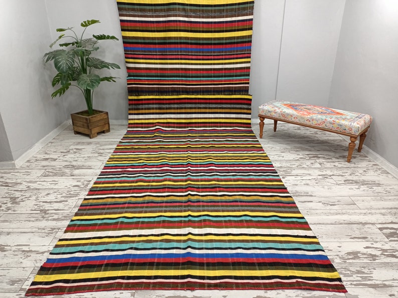 May include: A colorful striped rug with a variety of colors, including red, yellow, blue, and green. The rug is laid out on a white wooden floor.