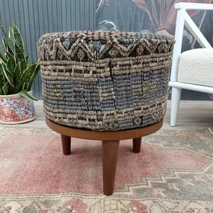 Turkish kilim upholstered bench, ottoman chair, vanity table stool, kilim footstool, piano bench, make-up bench, round ottoman,  FS 1177