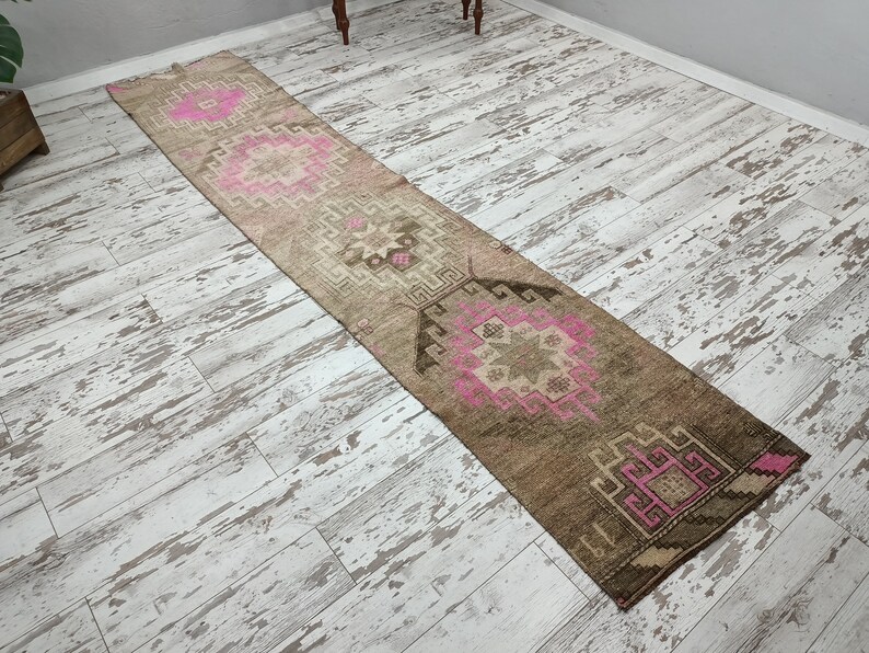 turkish oushak rug, eco friendly rug, rugs for stair, handmade wool rug, soft pile rug, vintage rug, ikat rug, long rug, 2.5x11.5 ft VT 4789 image 3