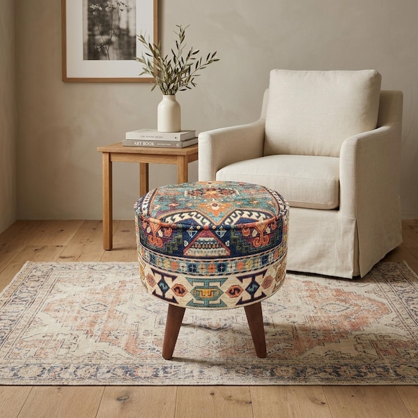 Taburete puf redondo, puf para dormitorio, otomana reposapiés, taburete capitoné, silla de piano, puf marroquí, banco reposapiés, taburete de maquillaje, FS 160