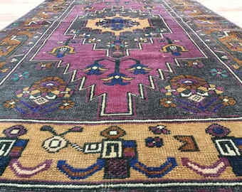 purple rug, eclectic rug, turkish rug, meditation mat, vintage rug, handmade rug, mini oushak, bathroom rug, area rug, 3.1 x 4.9 ft, VT 3469