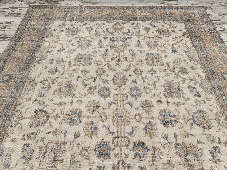 sustainable area rug, earth tone rug, studio rug, oversize turkish rug, living room rug, framed rug, floral vintage rug, 8.2x11.7 ft, VT5879