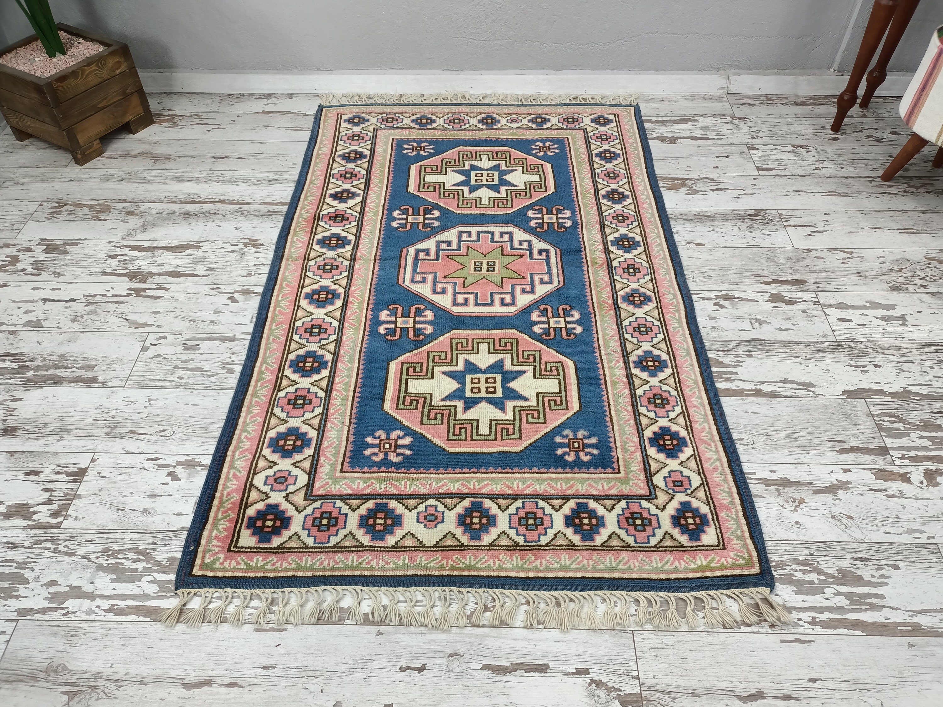 ピンクブルーラグ、ヴィンテージラグ、手織りラグ、玄関ラグ、キャビン