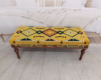 Handmade Furniture, Footstool Ottoman, Turkish Rug Bench, Long Seat, Bedroom Seat, Piano Bench, Kilim Bench, Boho Bench, 18x18x48'' BENCH 32