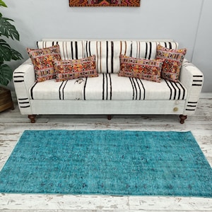 bohemian rug, blue turkish rug, floral runner rug, bathroom runner, overdyed runner, vintage rug, contemporary rug, 2.9 x 6.4 feet, VT 3314