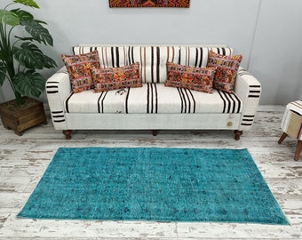 Alfombra bohemia, alfombra turca azul, alfombra de pasillo floral, alfombra de pasillo para baño, alfombra de pasillo teñida, alfombra vintage, alfombra contemporánea, 2,9 x 6,4 pies, VT 3314