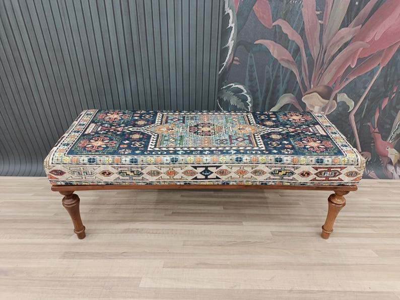 bedroom ottoman bench, wood bench, boho chair, dining table bench, ottoman bench seat, turkish rug bench, long ottoman bench, BENCH 160