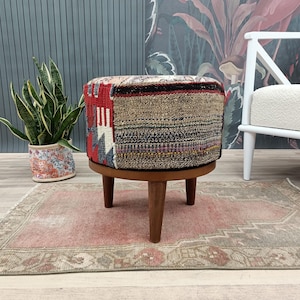 Red Geometric Patchwork Stool | Neutral Pattern Top Seat | Tribal Round Footstool