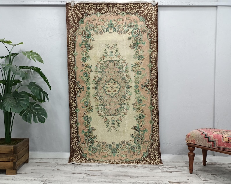 botanical rug, handmade wool rug, multicolor rug, turkish oushak rug, foyer rug, rug for gift, vintage rug, amazing rug, 3.8x6.9 ft, VT 764