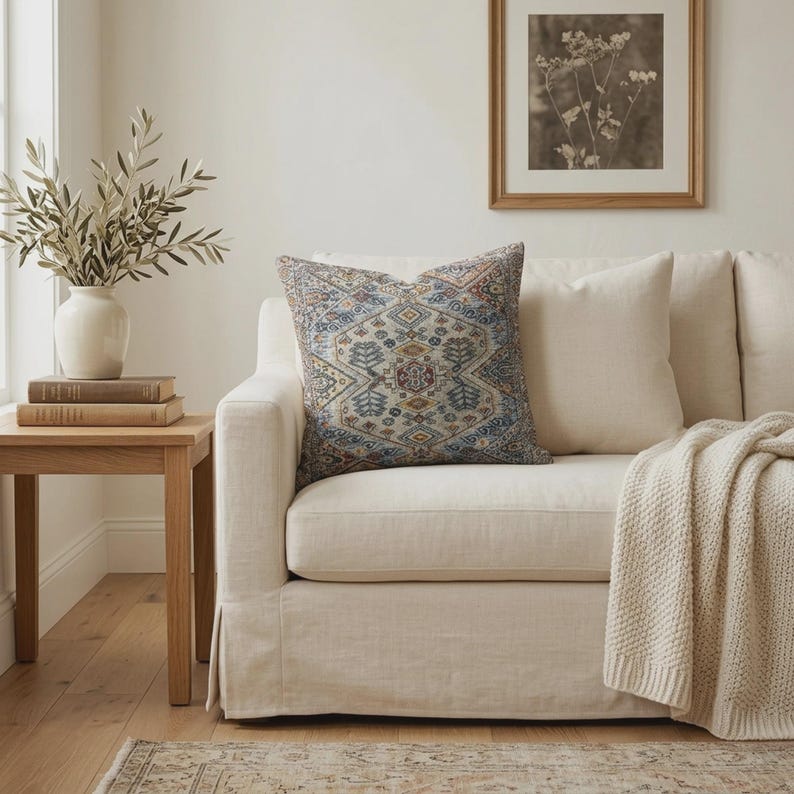 Geometric Pillow Cover | Boho Kilim Style Cushion | Blue Turkish Accent