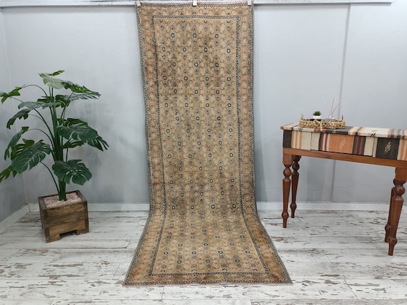 boho decor rug, ikat rug, handmade runner, oushak wool rug, retro rug, antique runner, turkish vintage rug, old rug, 3.7 x 10.1 ft, VT 4505