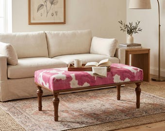 Cowhide print bench, Pink ottoman bench, Furry bench, Piano bench, Upholstered bench, Bedroom bench, Telephone bench, BENCH Cow-Pink