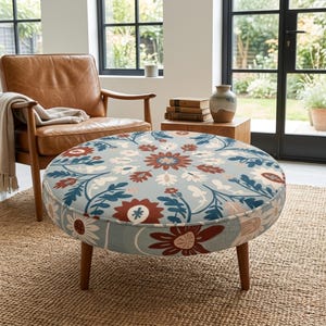 Blue Folk Floral Round Coffee Table | Rust Mandala Pouf Ottoman