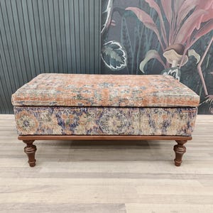 Trunk ottoman bench, Secret storage space, Vintage rug bench, Closet bench, Dressing table bench, Padded bench, Entry bench, ST 18x36 357