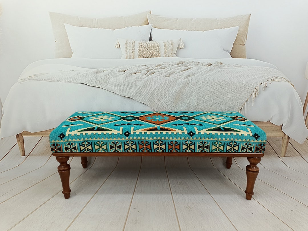Kilim Rug Bench Upholstered Bench Ottoman Bench Blue Rug Etsy