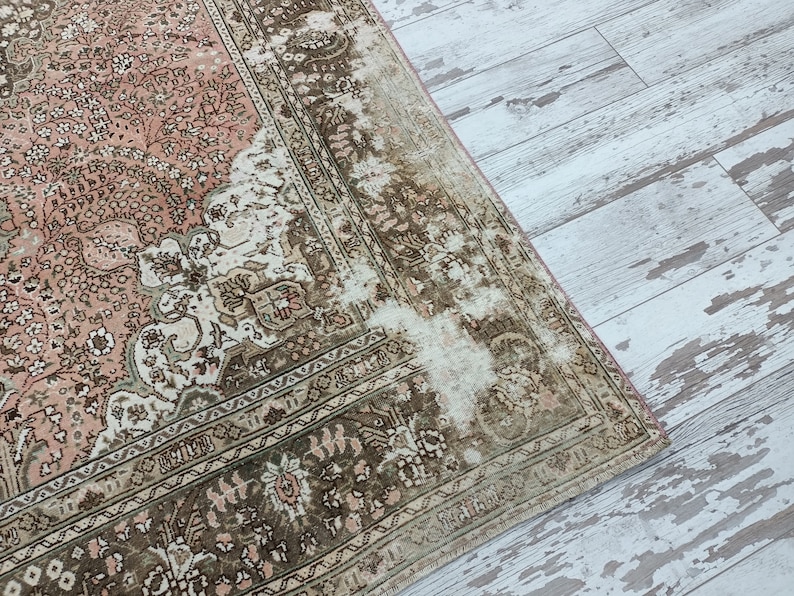Handmade rug, Turkish rug, Oushak rug, Area rug, Living room rug, Pink rug, Faded rug, Floral rug, Boho decor rug, 6.4x9.2 ft, VT 1438 image 9