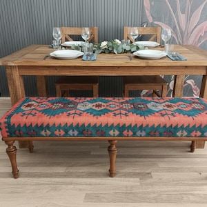 Kilim Rug Bench, Ottoman Upholstered Bench, Handmade Furniture, Footstool Bench, Aztec Bench, Farmhouse Decor, Entry Bench, BENCH 120