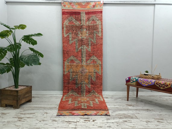 retro rug, handmade runner, jute rug, herki rug, vintage rug, tribal rug, pink rug, turkish wool rug, boho decor rug, 2.9 x 9.6 ft, VT 5073