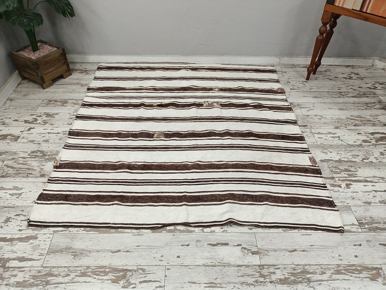 vintage oushak rug, striped kilim rug, designer rug, rustic rug, handmade turkish rug, cottage rugs, hemp area rug, 3.6x6.4 ft,