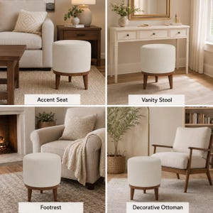 The image is a collage of four different living room furniture pieces, each with a white ottoman, and each labeled with a different type of ottoman: "Accent Seat", "Vanity Stool", "Footrest", and "Decorative Ottoman".