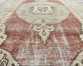rug for bedroom, earth tone rug, retro rug, farm table rug, turkish vintage rug, handmade oushak rug, oriental rug, 3.2 x 5.2 ft VT 3856