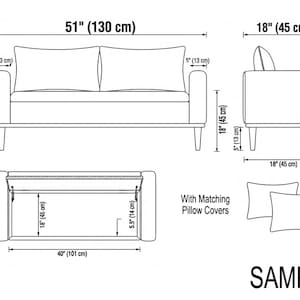 The image is a detailed technical drawing or diagram of a sofa, including measurements and dimensions for various parts of the furniture.