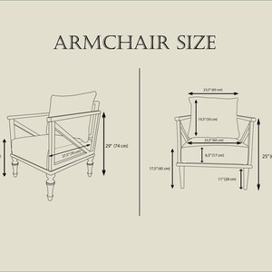 a chair with dimensions and a pillow.