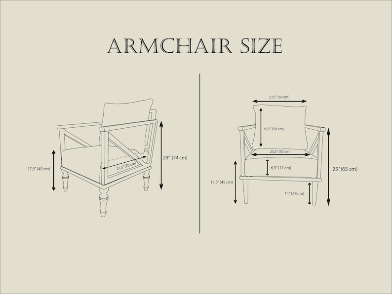 a chair with dimensions and a pillow.