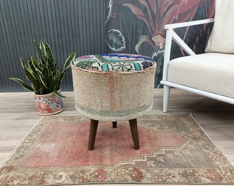 Cobalt Blue Pink Rug Cushion | Off White Woven Base Stool | Eclectic Tribal Footstool