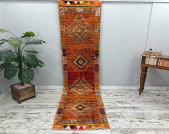 oushak rug, eco friendly rug, orange rug, bordered rug, turkish rug, aztec rug, bohemian runner, vintage rug, herki rug, 3x10.7 ft, VT 4584